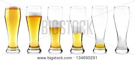 Steps of discharge glass of beer. Drinking beer process, isolated on white