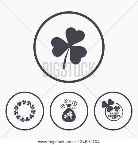 Saint Patrick day icons. Money bag with clover sign. Wreath of trefoil shamrock clovers. Symbol of good luck. Icons in circles.