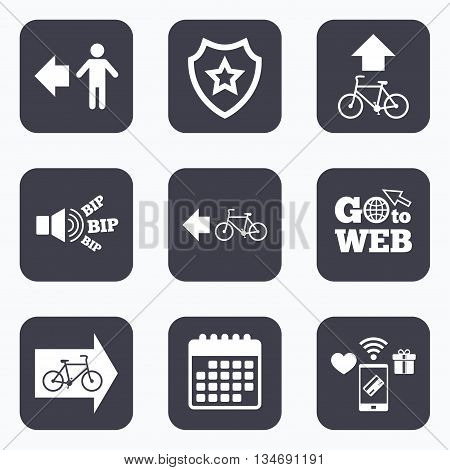 Mobile payments, wifi and calendar icons. Pedestrian road icon. Bicycle path trail sign. Cycle path. Arrow symbol. Go to web symbol.