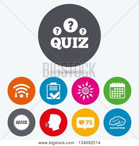 Wifi, like counter and calendar icons. Quiz icons. Brainstorm or human think. Checklist symbol. Survey poll or questionnaire feedback form. Questions and answers game sign. Human talk, go to web.