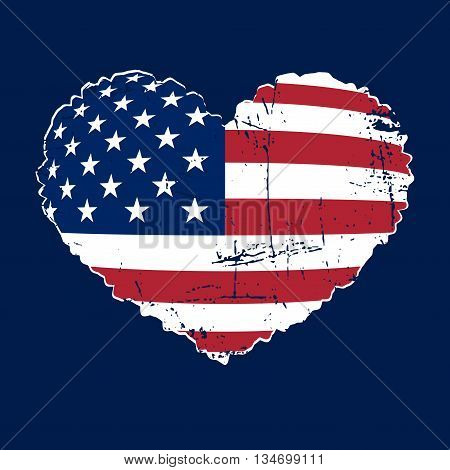 American flag heart shaped icon on white background. Patriotic USA emblem typography Graphics. National printing design. Grunge style. Symbol of celebrate Independence Day America. illustration
