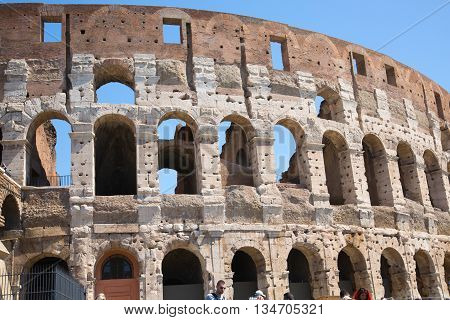 ROME, ITALY - APRIL 8, 2016: Ruins of Coliseum, panoramic view