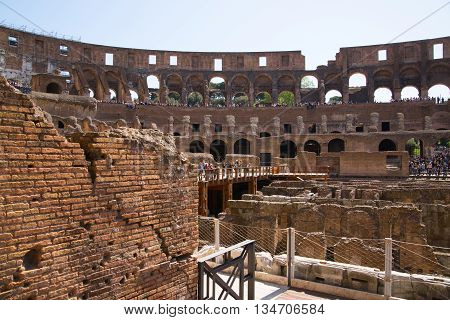 ROME, ITALY - APRIL 8, 2016: Inside view of Coliseum, galleries