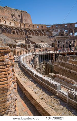 ROME, ITALY - APRIL 8, 2016: Ruins of Coliseum, panoramic view with underground levels of gladiator's rooms and animal's cages