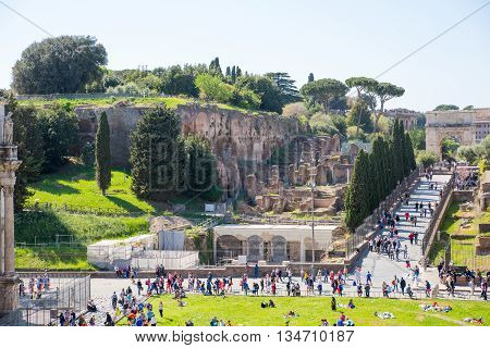 ROME, ITALY - APRIL 8, 2016: Arch of Constantine, ancient construction of emperor victory over Maxentius in 312AD, Locates next to Coliseum