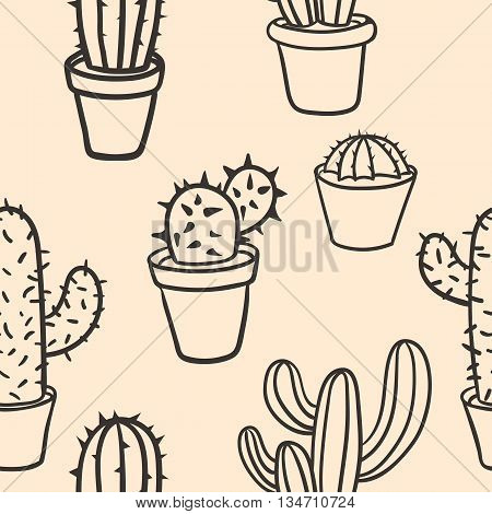 Seamless pattern with cactus. Pattern of cactus. Cacti in pots. Vector background. Cute cartoon cactus pattern.