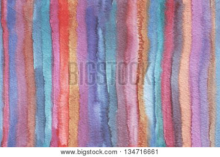 Horizontal large illustration with watercolor vertical stripes in seamless abstract background. Vivid colors grainy texture hand drawn with bright colors and wet brush good for presentation print.