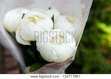 Close Up Of Beautiful White Peonies In A Bouquet