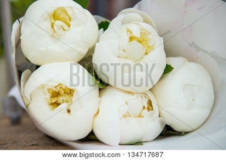 Close Up Of Beautiful White Peonies In A Bouquet
