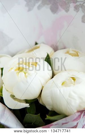 Close Up Of Beautiful White Peonies In A Bouquet