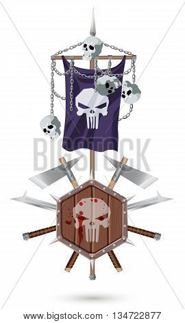 Coat of Arms to fantasy style on a white background. Shield sword ax standard with a skulls and chains.