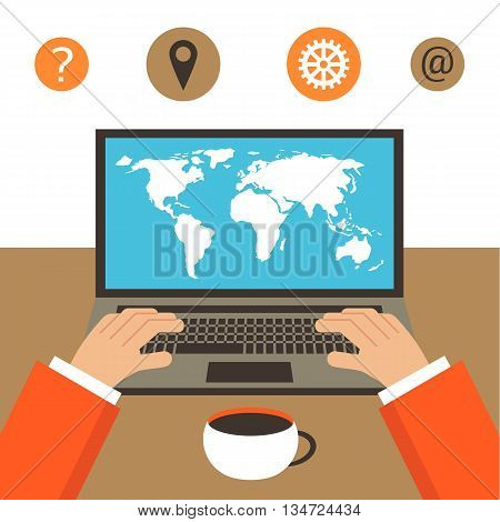 Flat style work space table with laptop man arms cup of coffee world mapicons. Background with laptop. Elements of this image furnished by NASA