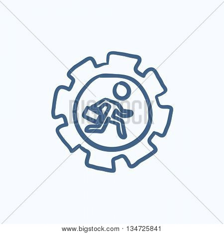 Man running inside the gear  vector sketch icon isolated on background. Hand drawn Man running inside the gear  icon. Man running inside the gear  sketch icon for infographic, website or app.