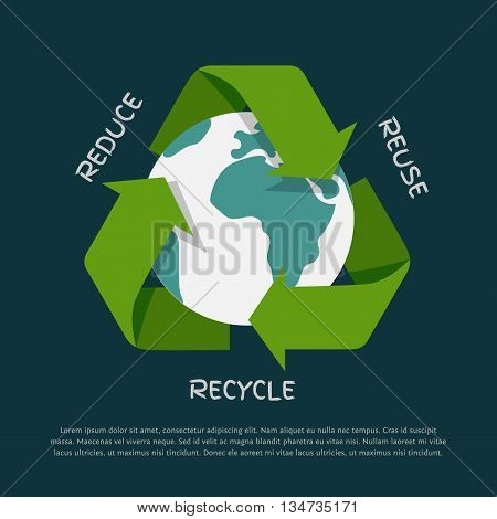 Vector flat Recycling arrows symbol with Earth globe inside isolated on dark background. Recycle icon, environment concept