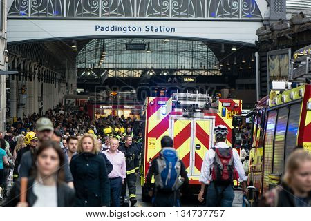 LONDON, UK - JUNE 16 2016 
Fire services attend incident outside Paddington Station. Emergency services respond to derailed train at peak commuter time at one of London's busiest railway stations