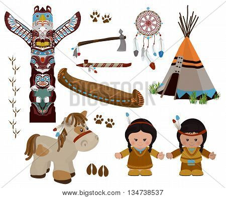 Traditional indian symbols set with cartoon characters of American Indians man and woman in national dress. Vector illustration