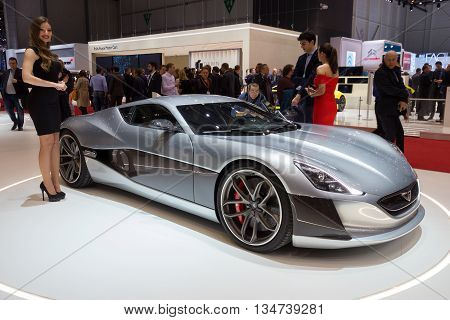 GENEVA SWITZERLAND - MARCH 2 2016: 1073HP Rimac Concept One Electric Supercar shown at the 86th International Geneva Motor Show in Palexpo Geneva.