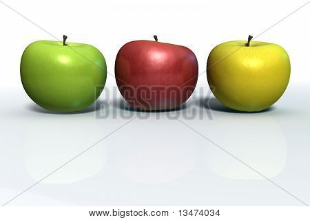 Three apples in line: green, red and yellow apples isolated on white