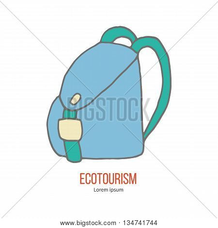 Travel Backpack. Ecotourism colorful flat design element isolated on a white background. Emblem, design concept, logo, logotype template. Hand drawn doodle vector illustration.