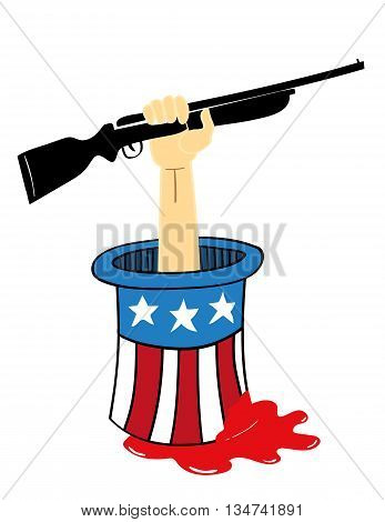 Uncle Sam top hat from which an arm holding a rifle is sticking out with blood seeping from the hat as a metaphor for gun violence and control in the USA