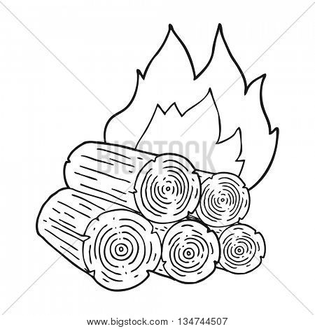 freehand drawn black and white cartoon burning logs