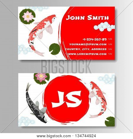 Template for business card with sun and carp koi in Japanese style. Vector illustration