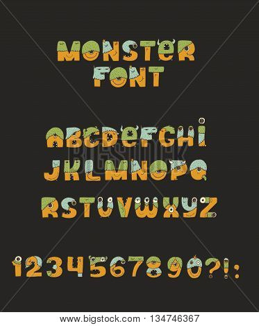 Vector cute colorful kind monster font. Every letter has unique design with fur eyes nose mouth and teeth. Some have crowns and legs. Letters from A to Z digits from 0 to 9 and punctuation marks.