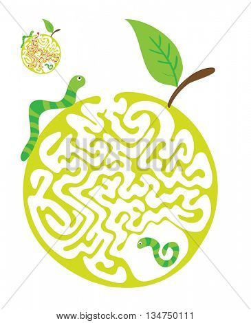 Maze puzzle for kids with caterpillars and apple. Labyrinth illustration, solution included.