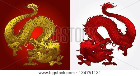 Angry Asian Chinese dragon gold and red on red and white background
