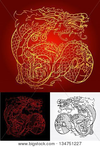 Artful Asian dragon gold, red and black contour on red, black and white background