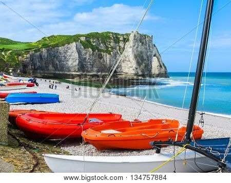Fishing boats on the bank of English Channel. Etretat France