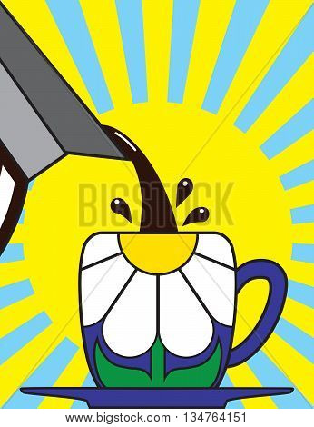 Morning coffee being poured into a flower decorated cup