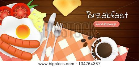 Breakfast time illustration with fried egg sausages tomatoes cheese fork and knife toast cup of coffee red checkered tablecloth on wooden table. Wooden background. Vector illustration