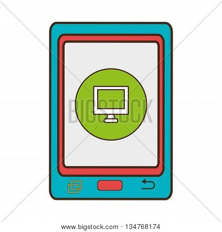 blue electronic device with green circle on the screen and computer icon, communication concept, over isolated background, vector illustration