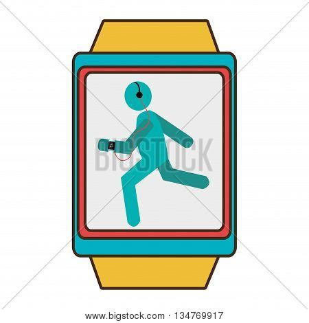 yellow watch with blue and red frame cartoon human running side vier with headphones over isolated background, vector illustration