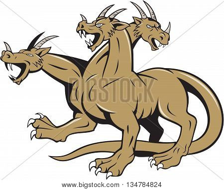 Illustration of hydra in Greek and Roman mythology a multi-headed serpent-like monster crouching ready to attack set on isolated white background done in cartoon style.