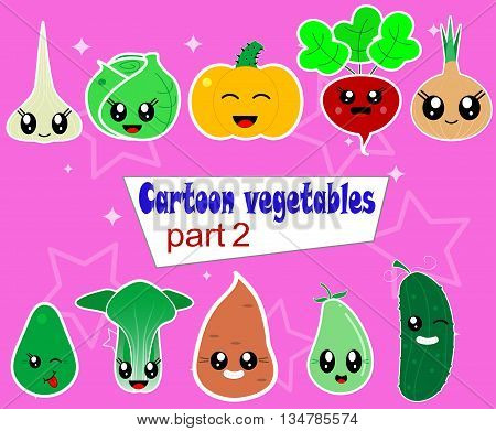 Funny Various Cartoon kawaii Vegetables.Here are avocado, batata, pak choy, zucchini, garlic, beets, leeks, cucumber, cabbage, pumpkin . Vector first set