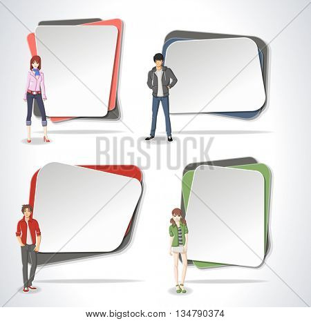 Vector banners / backgrounds with cartoon young people. Design text box frames. Manga anime teenagers.