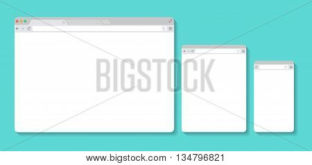 Set of Flat blank browser windows for different devices. Vector. Computer, tablet, phone sizes. Device Icons: smart phone, tablet and desktop computer. Vector illustration of responsive web design.