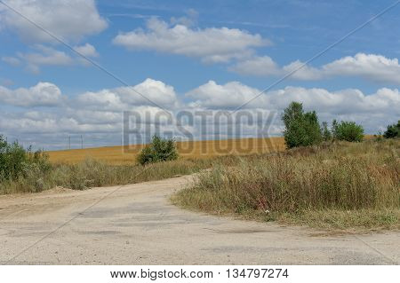 Summer, field, country road, clouds fly across the blue sky