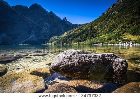 Landscape of mountain lake Morskie Oko near Zakopane Tatra Mountains Poland