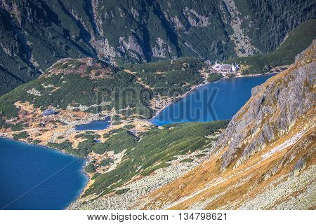Beaitiful Mountain lake in the summer Valley of five lakes Poland Zakopane