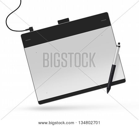 Graphic tablet with stylus 3d illustration. Big picture of digitizer device with digital pen isolated on white. Creative draw tool for designers. Icon of tablet display near multimedia pencil sketching.