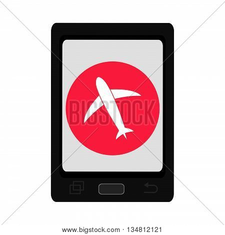 black smartphone with red circle and white airplane icon over isolated background, vector illustration