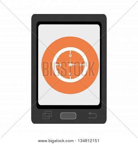 black smartphone with orange circle and white watch icon over isolated background, vector illustration