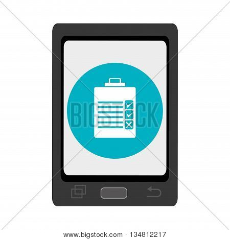 black smartphone with blue circle and white check list icon over isolated background, vector illustration
