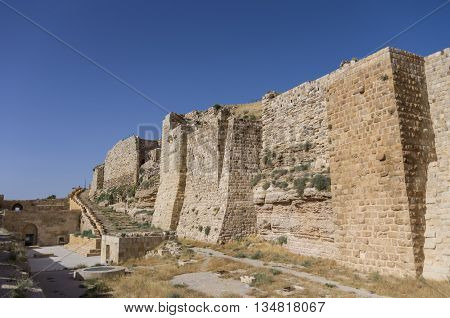 Walls Of The Kerak Castle, A Large Crusader Castle In Kerak (al Karak) In Jordan