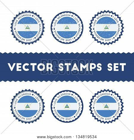 I Love Nicaragua Vector Stamps Set. Retro Patriotic Country Flag Badges. National Flags Vintage Roun