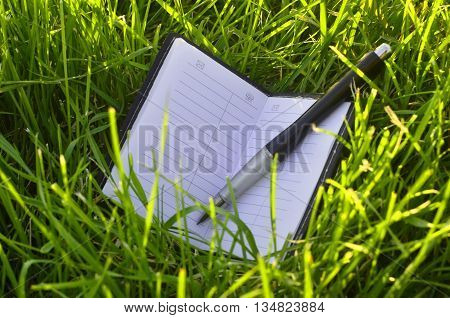 White note-book with black pen and empty white pages on green grass field