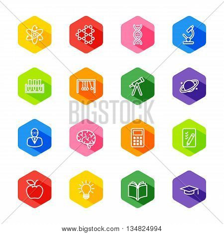 white line education and science icon set on colorful hexagon with shadow for web design user interface (UI) infographic and mobile application (apps)